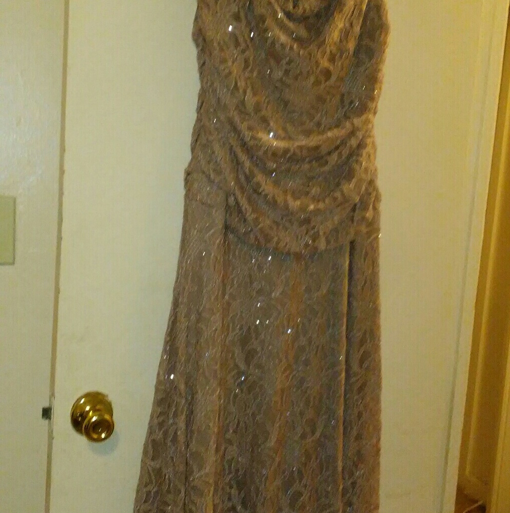 Taupe lace evening gown